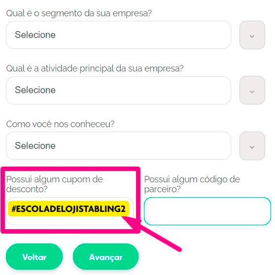 campo cupom de desconto bling 3 meses