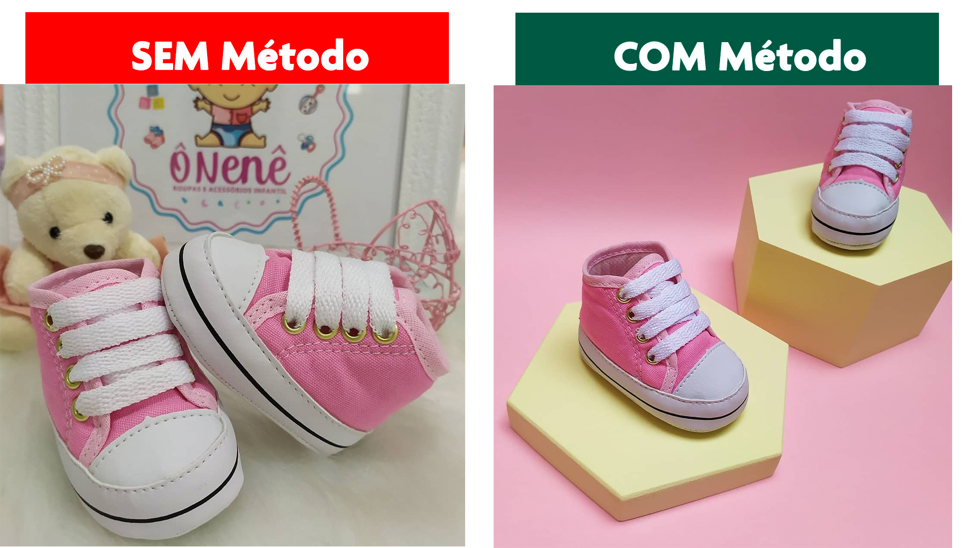 Antes e depois foto de tenis aplicando o método FQV