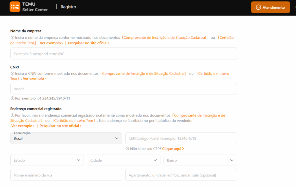 Como vender na Temu - Dados cadastrais.