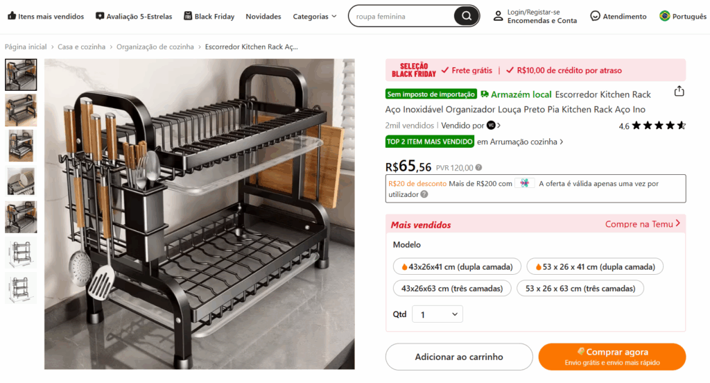 Exemplo de página de produto na Temu. Exemplo de página de produto na Temu.